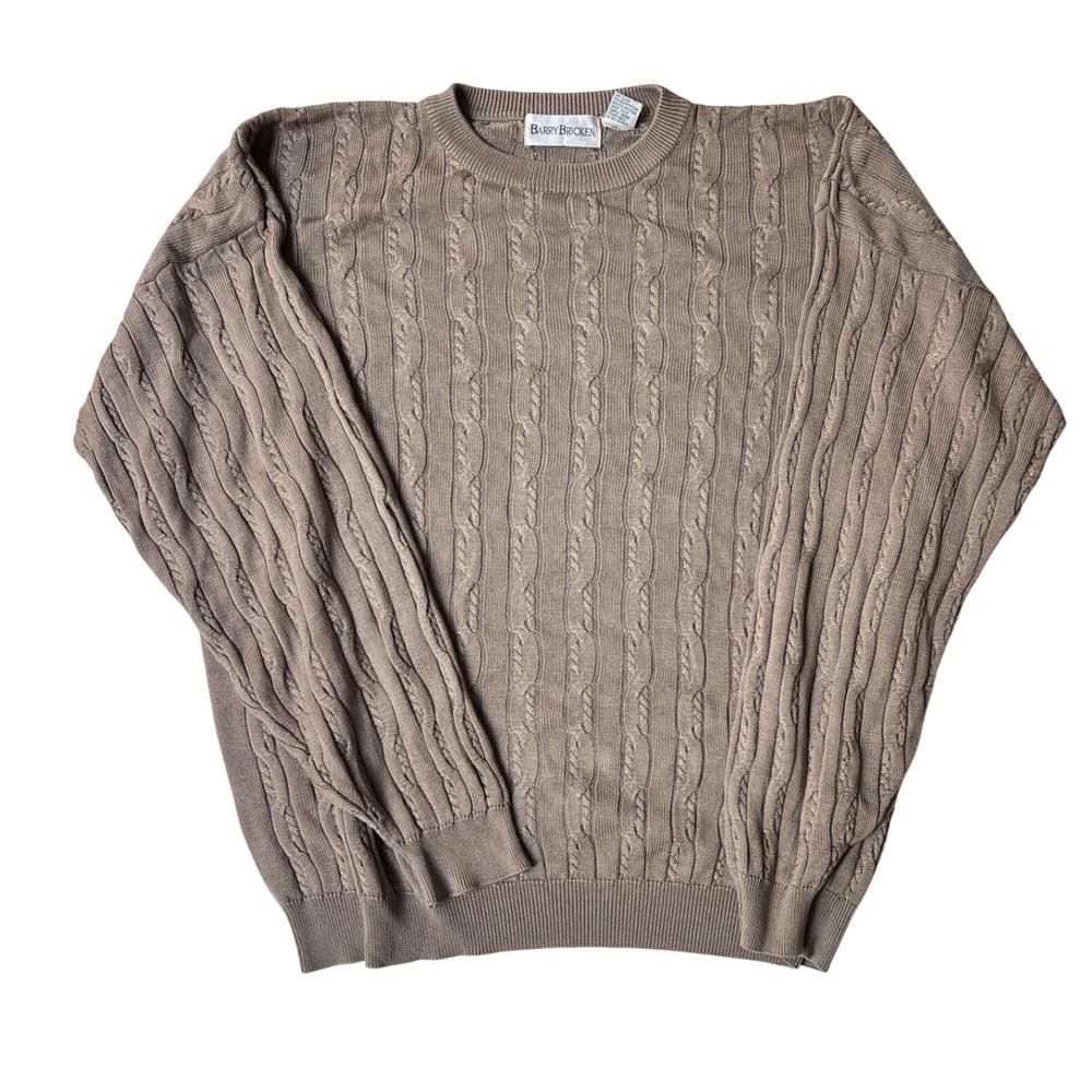 Barry Bricken Vintage 100% Silk Cable Knit Sweater Mens L Taupe Brown Crewneck
